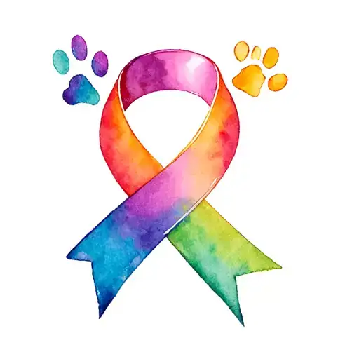 Multicoloured Cancer Ribbon And Paw Prints
