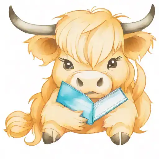 Cute Cartoon Highland Cow With Big Eyes Holding A Book