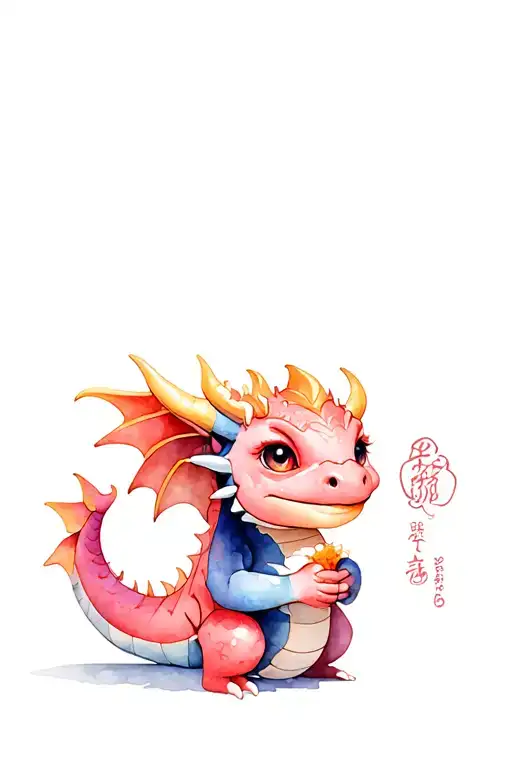 Cute Fat Baby Dragon Holding A Japanese Lanten