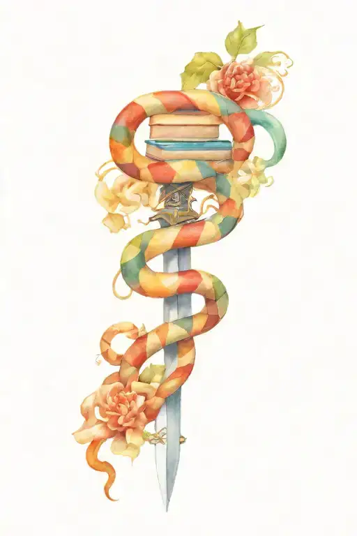 Two Snakes Wrapped Around A Sword With Books At The Point