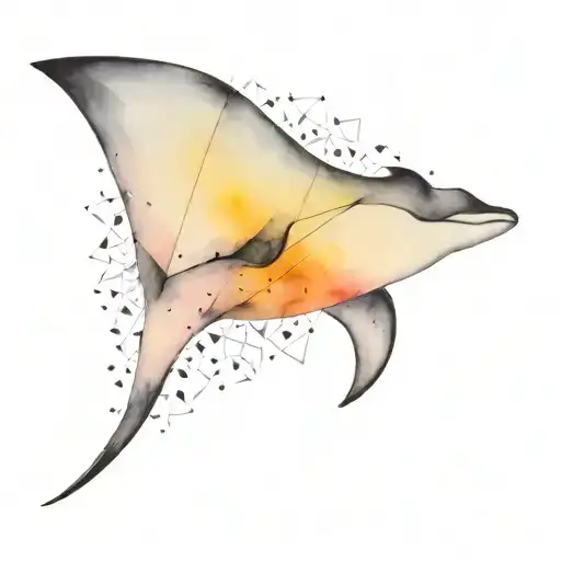 A Detailed Black And Grey Tattoo Of A Manta Ray Swimming Through A Field Of Triangles