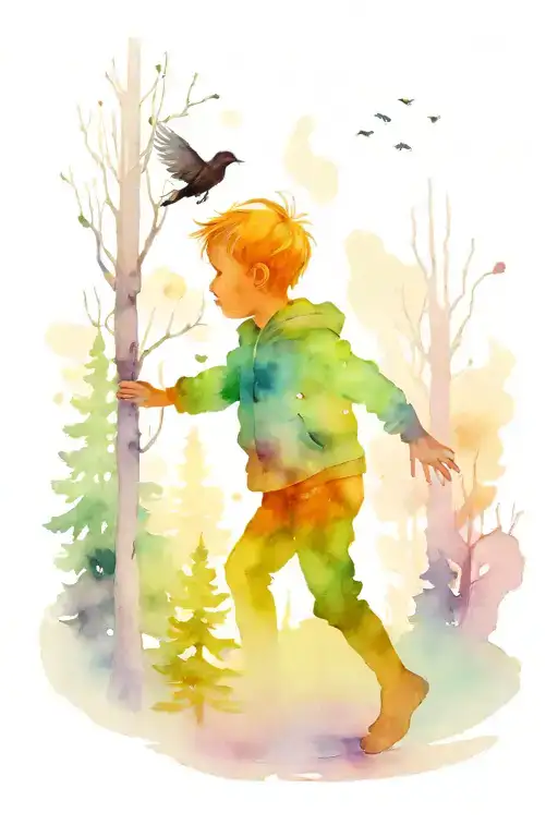 A Child In A Forest Crows Above His Head Northern Lights Pine Forest