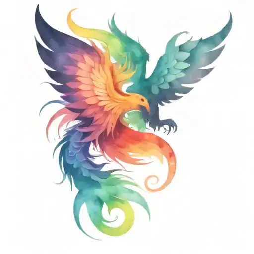 1 Cute Black Scale Dragon And 1 Rainbow Feather Phoenix Next To Each Other Tattoo Style