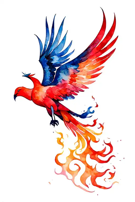 Flying Phoenix Escaping Red And Blue Flames And Heading In To The Sky
