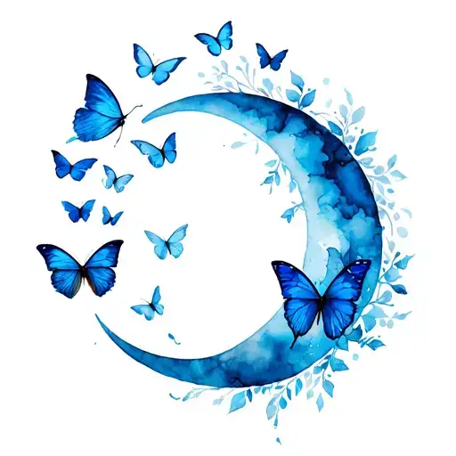 Crescent Moon With Blue Butterflies Surrounding