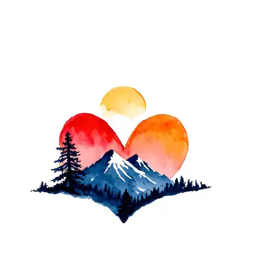 A Mountainous Sunrise Surrounded By Tree Branches In The Shape Of A Heart