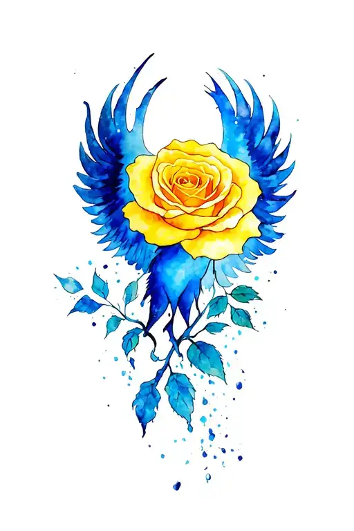 Yellow Rose With Blue Phoenix Rising From The Ashes