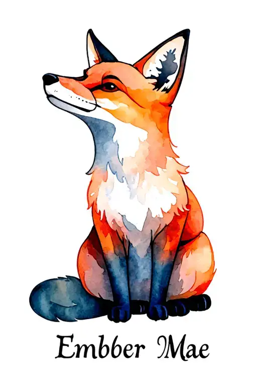 Fox Sitting Looking Up With Name 'Ember Mae' Under It In Fancy Font