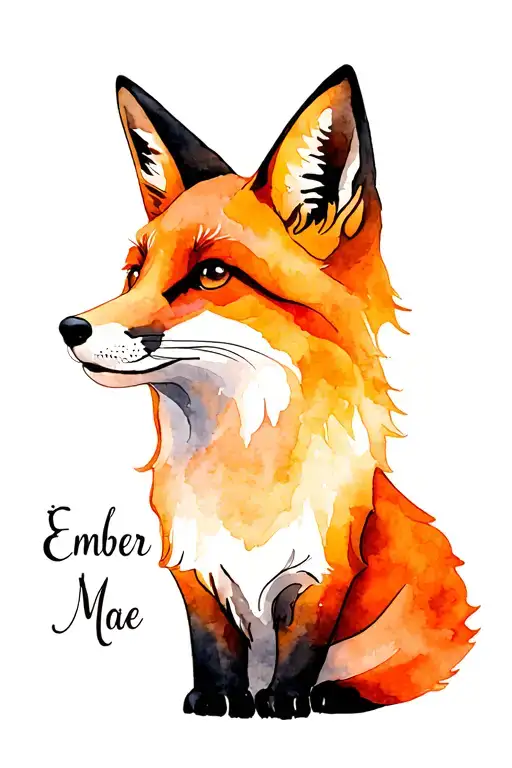 Fox Sitting Looking Up With Name 'Ember Mae' Under It In Fancy Font