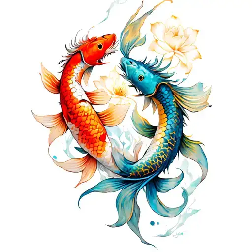 From A Flower Two Koi Fish Transforming In A Dragon With Gold Elements