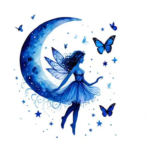 Stars And Moon With Butterflies Fluttering Around A Bound Fairy