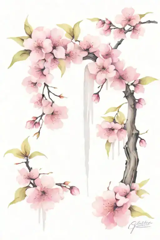 Cherry Blossom Tree With Flowing Waterfalls
