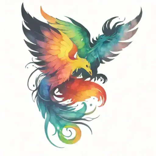 1 Cute Black Scale Dragon And 1 Rainbow Feather Phoenix Next To Each Other Tattoo Style