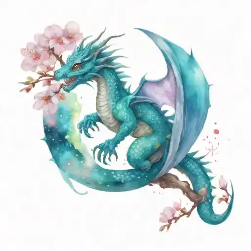 A Dragon Wrapped Around A Cherry Blossom Tree With A Galaxy Background
