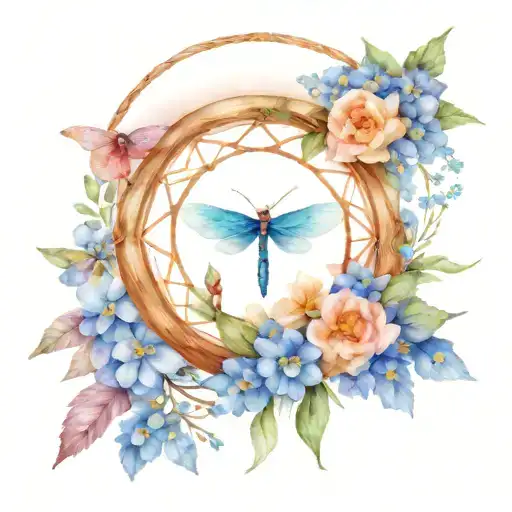 Dream Catcher With Forget Me Not Flowers And Dragon Fly