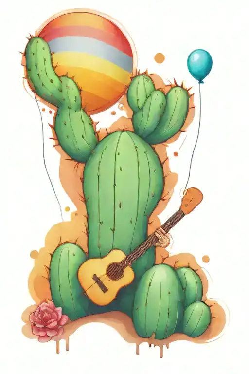 Happy Cactus Holding Baloon In Front Of Rainbow Colored Soundhole