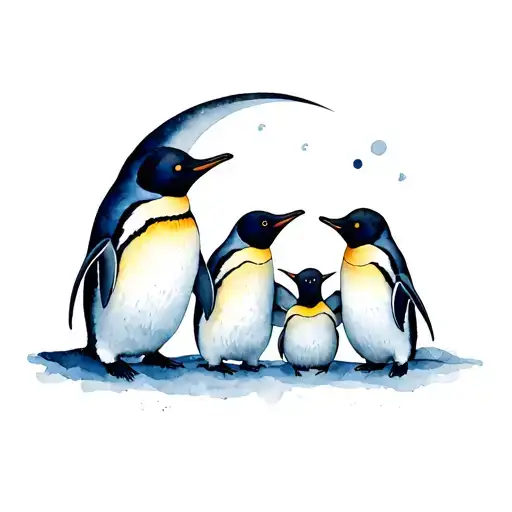 Penguin Family With Crescent Moon
