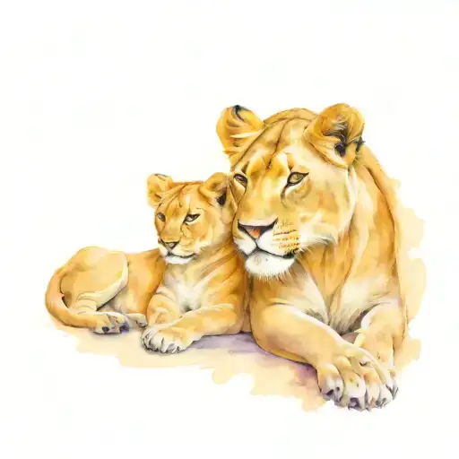 A Lioness Representing The Client's Wife With Three Lion Cubs Symbolizing Their Sons