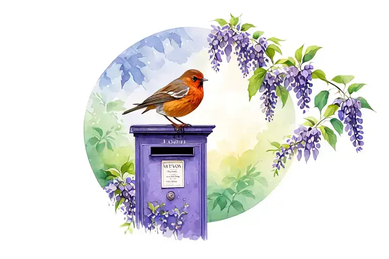 Robin On Top Of English Post Box In Front Of Wisteria Surrounded By Circle