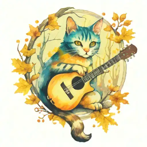 Cross Stitch Tattoo Cat Playing A Guitar In Haunted Forest