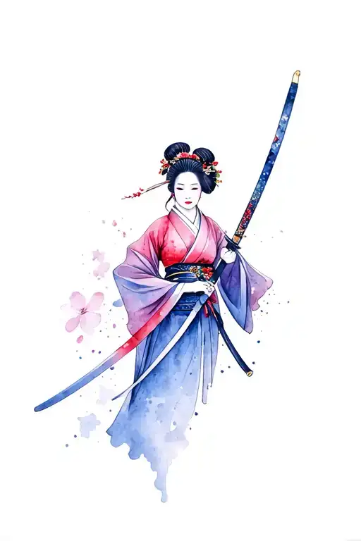 Geisha Kimono Holding A Katana