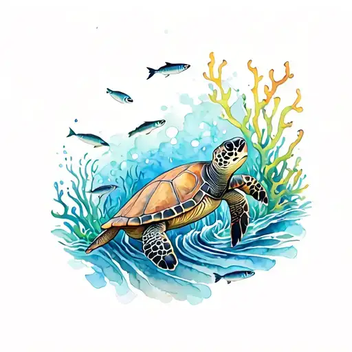 Tattoo Design Of Sea Turtle And Sardines With Coral And Waves Surrounding