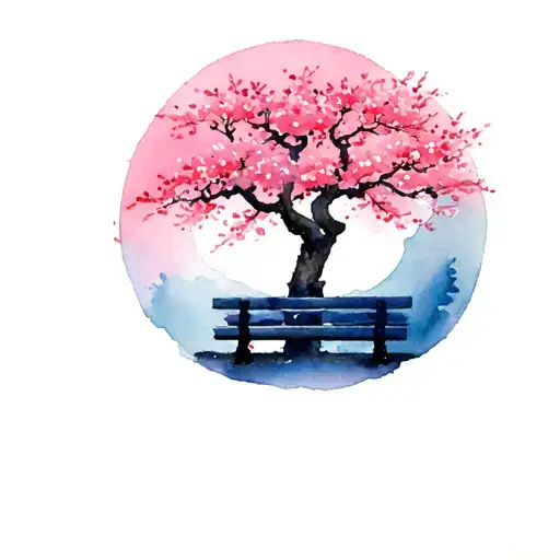 Japan Bench And Cherry Tree In A Circle