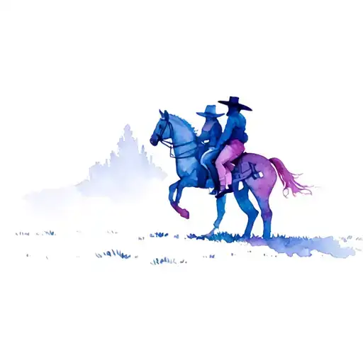 Female Witch And Male Cowboy Riding Horse