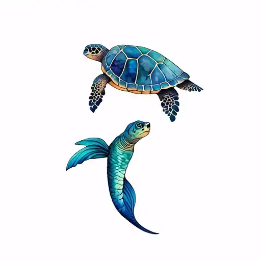 Sea Turtle And Mermaid Beach Sunset Sky
