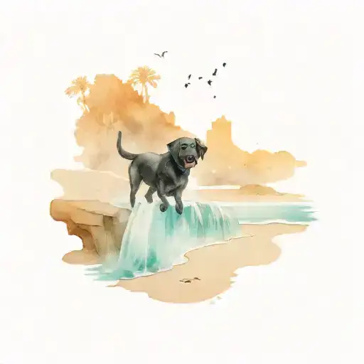 A Black Lab Dog Playing On A Sandy Beach With A Waterfall In The Background