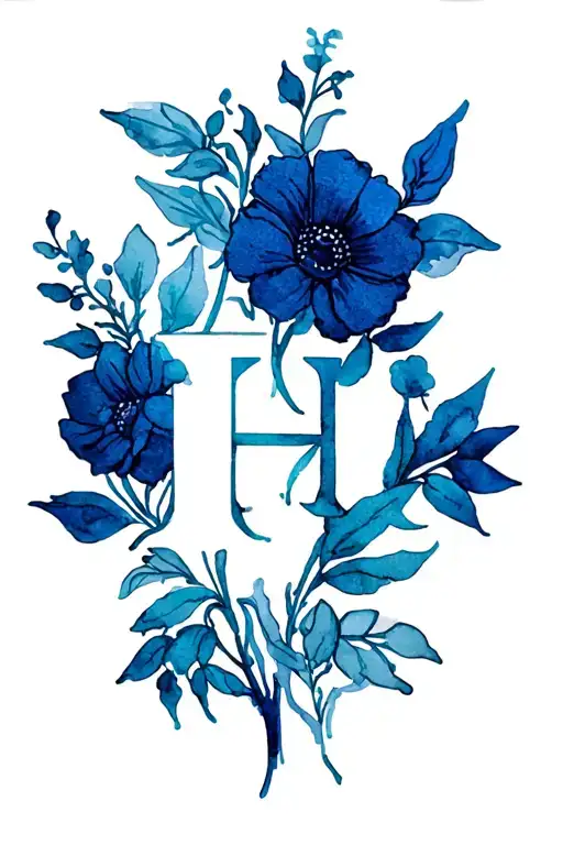 Line Art With An H And Flowers