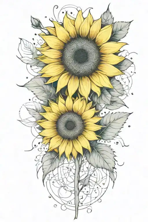 Geometrical And Fine Line Design Featuring Sunflower And Rose Buds For A Spine