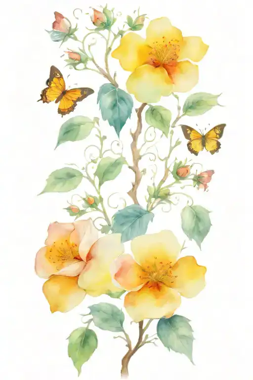 Wild Prairie Rose On A Vine Winding With Butterflies Around It