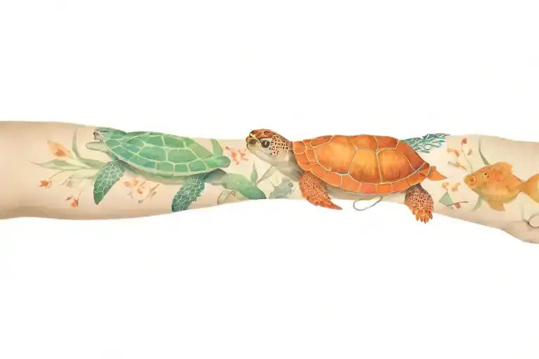 Sea Kelp Wrapping Around Arm With Sea Turtle And Fish Swimming