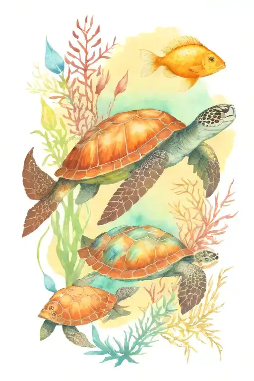 One Sea Turtle And Variety Of Fish Swimming Through Sea Kelp Forest