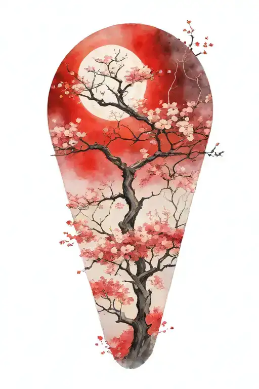 Sakura Tree With Red Moon In Offset In Background