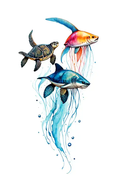 Leg Sleeve Tattoo Design Sea Turtles Sharks Eating Fish Jelly Fish