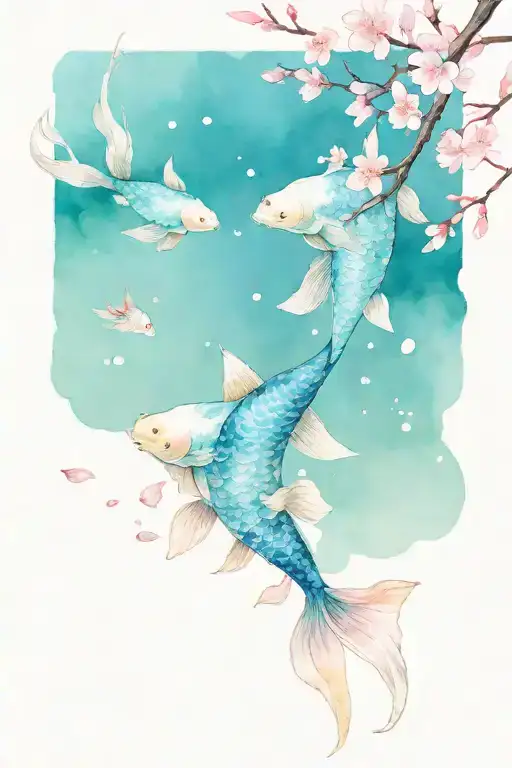 Cherry Blossom Petals Falling With Koi Fish Swimming