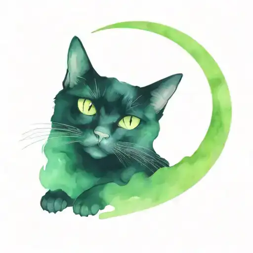 Create A Tatoo Design Of A Black Cat With Green Eyes Laying On A Crescent Moon