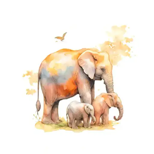 Mother Elephant And Her Two Young Children Sitting