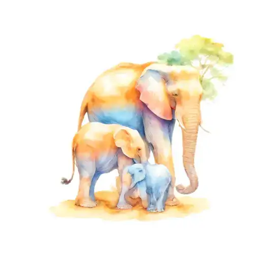 Mother Elephant And Her Two Young Children Sitting