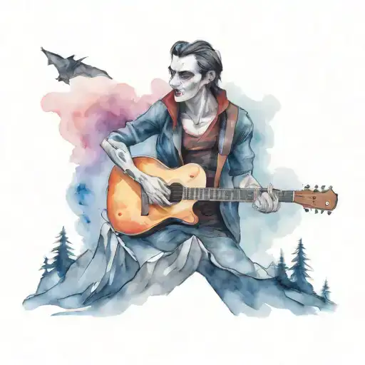 A Vampire Playing A Guitar On Top Of A Mountain Peak
