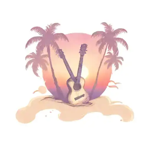 Sunset Beach Scene With Palm Trees And A Guitar Intertwined