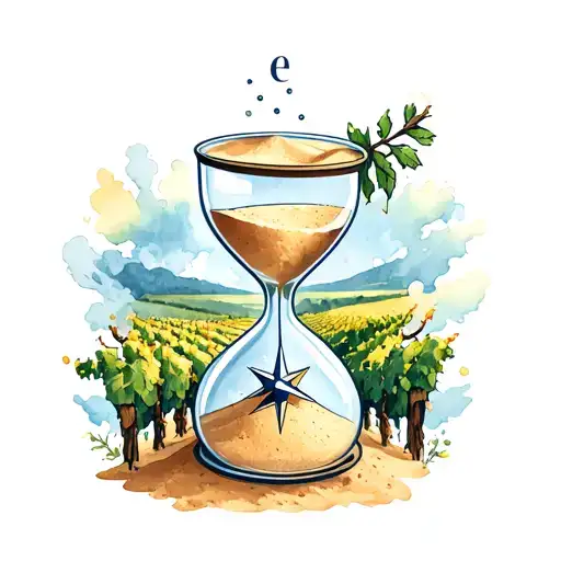 Sand Hour Glass With Sand Falling In A Vineyard With A Compass Surrounded By Various