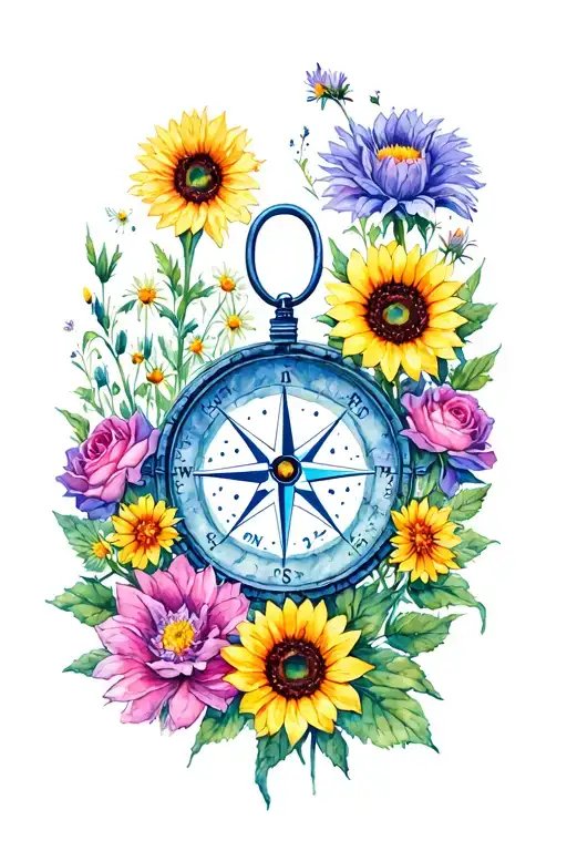 Compass Surrounded By Sunflower And Aster And Rose And Marigold