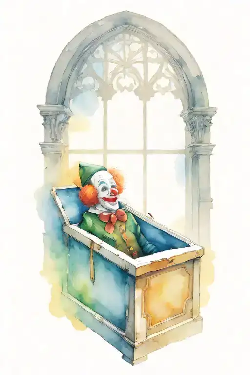 Clown Peaking Out Of A Casket In A Church With Snow Through Windows