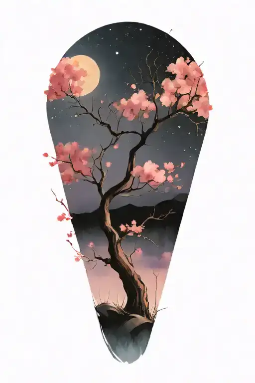 Sakura Tree With Moon Offset In Background