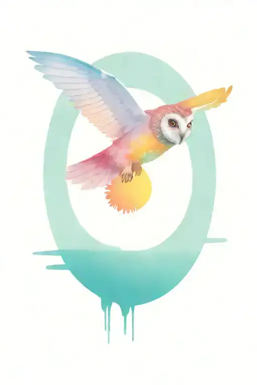 Owl With Bright Neon Colors Flying Over A Lake At Dusk