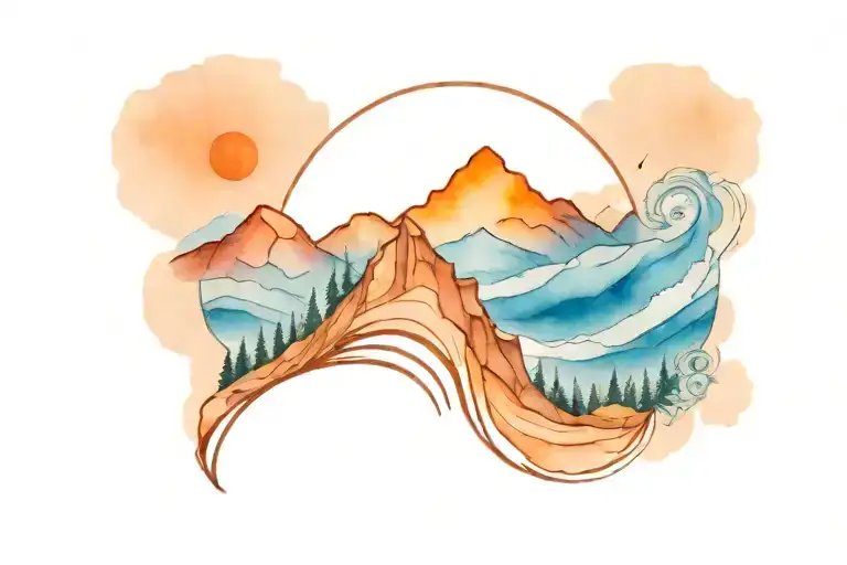 Small Mountain And Blue Wave Tattoo In One Line
