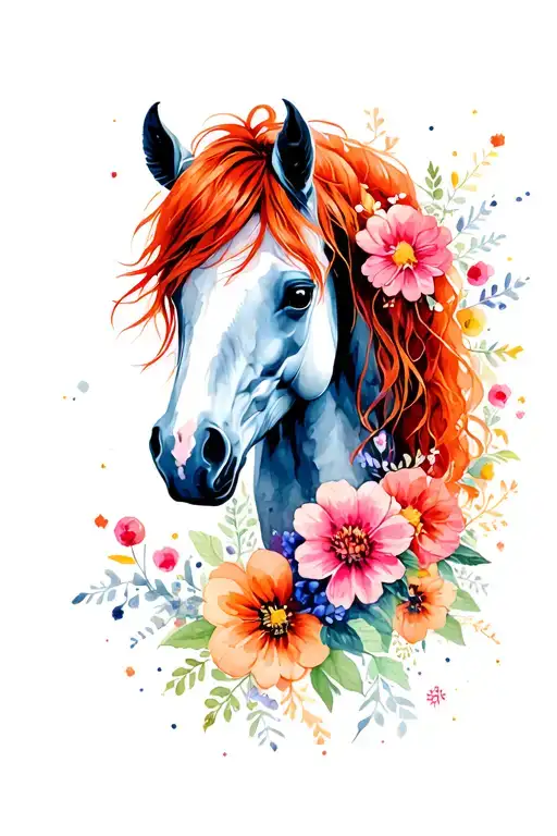 Red -Haired Horse In Flowers With Cosmic